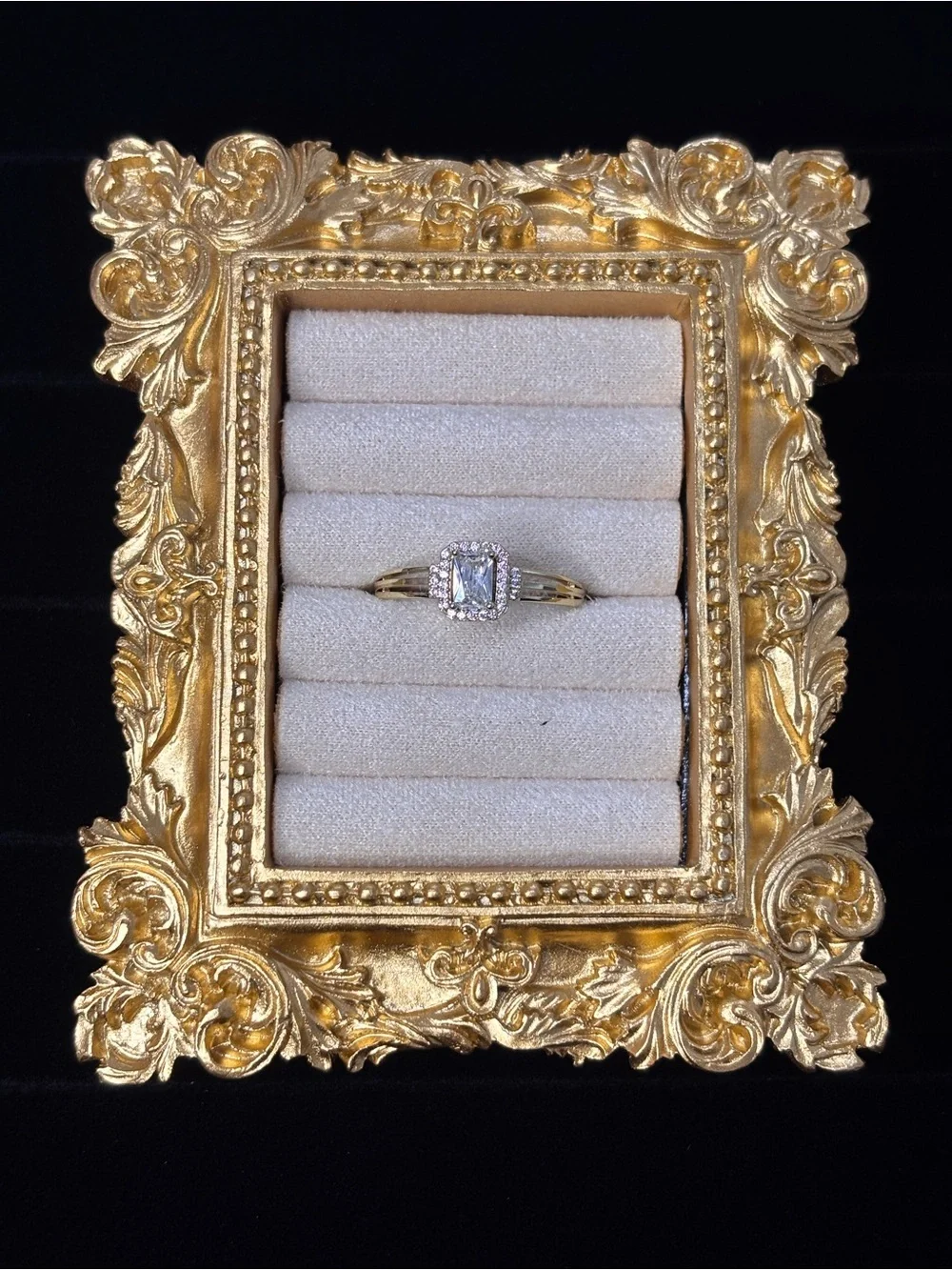Ornate Ring Holder; Gold Jewelry Display Frame with Cream Velvet Inserts